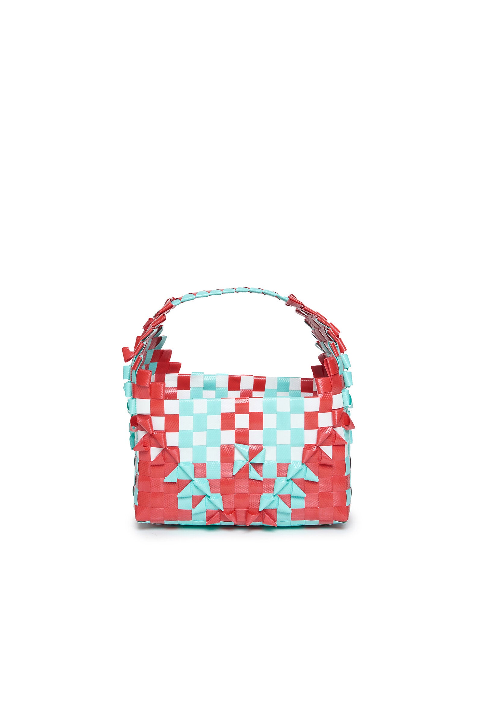 Red woven Rainbow bag with single handle and applied logo
