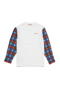 Crew-neck jersey t-shirt with Check pattern poplin sleeves