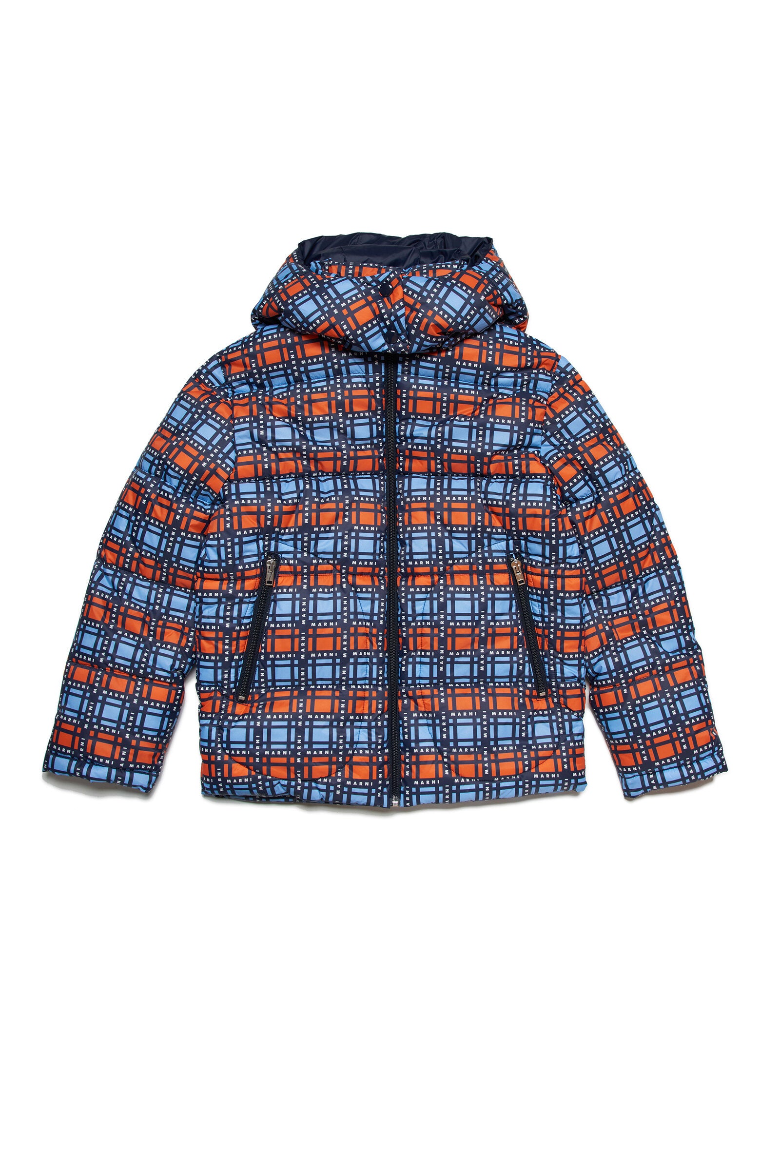 Check allover patterned hooded padded jacket