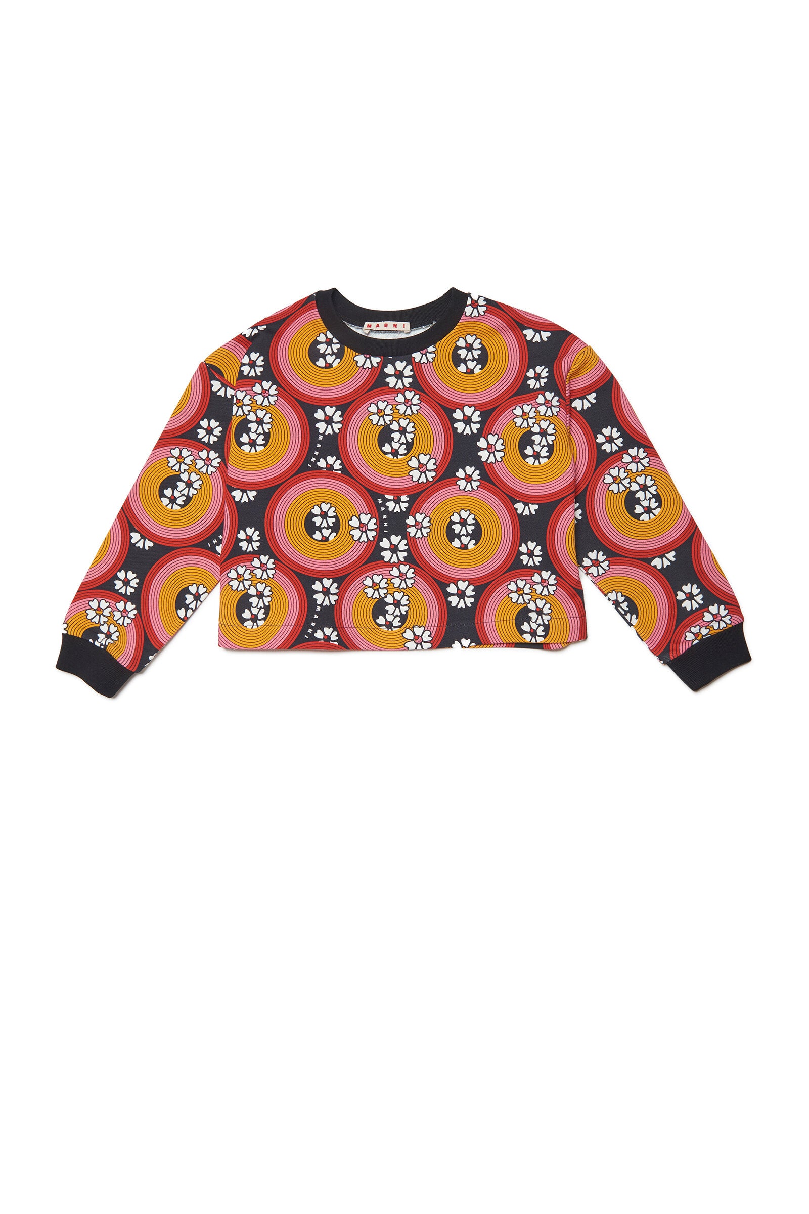 Cotton crew-neck cropped sweatshirt with Circles 70'S allover pattern