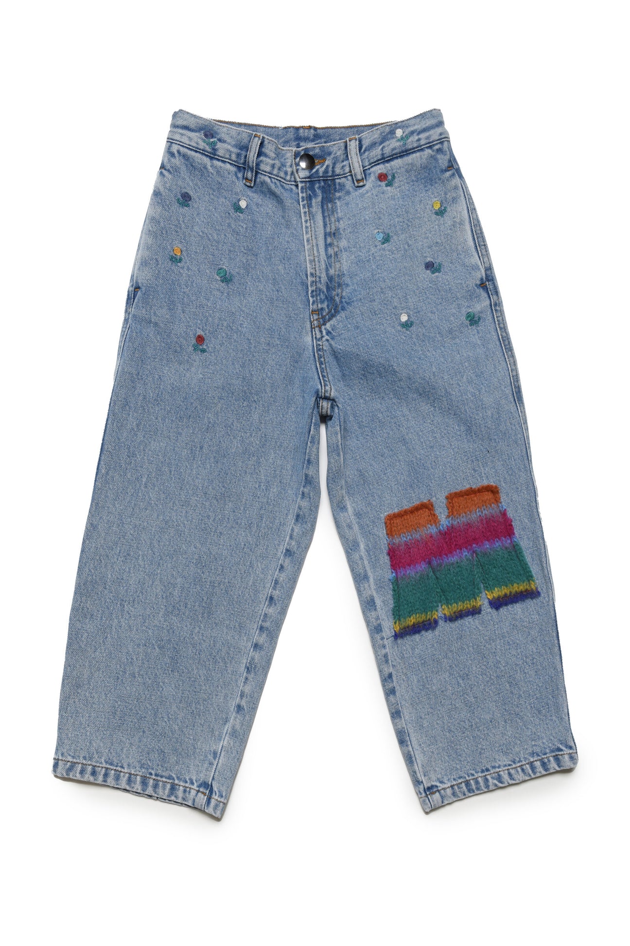Pantaloni in jeans blu chiaro con fiori ricamati e patch 