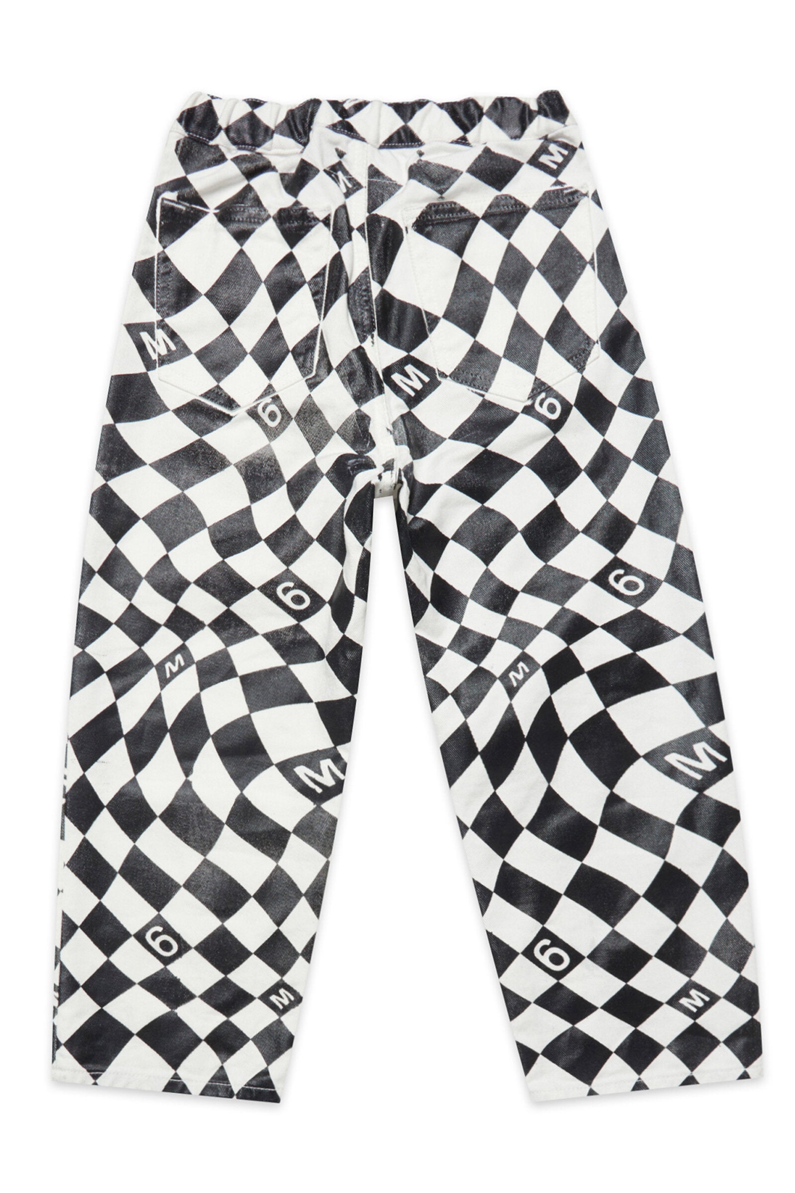 Black and white jeans with metallised chequered print