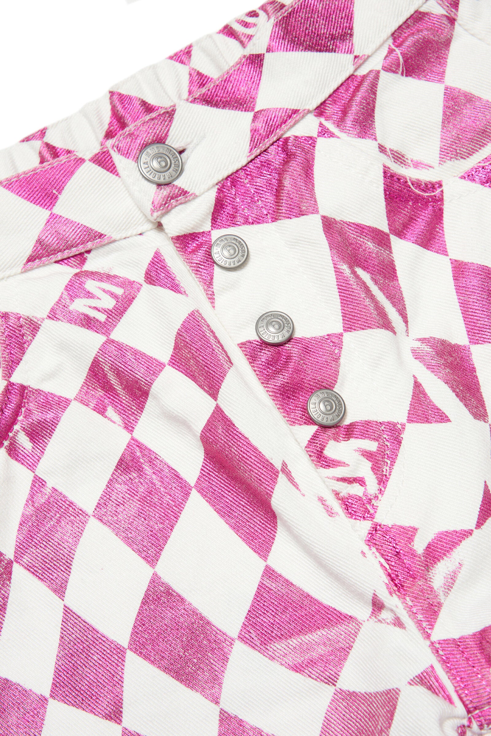 Jeans bianco e rosa con stampa a scacchiera metallizzata