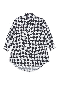Black and white poplin shirt-dress with chequered pattern