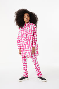 White and pink poplin shirt-dress with chequered pattern