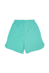 Aquamarine fleece shorts with rounded edges and logo