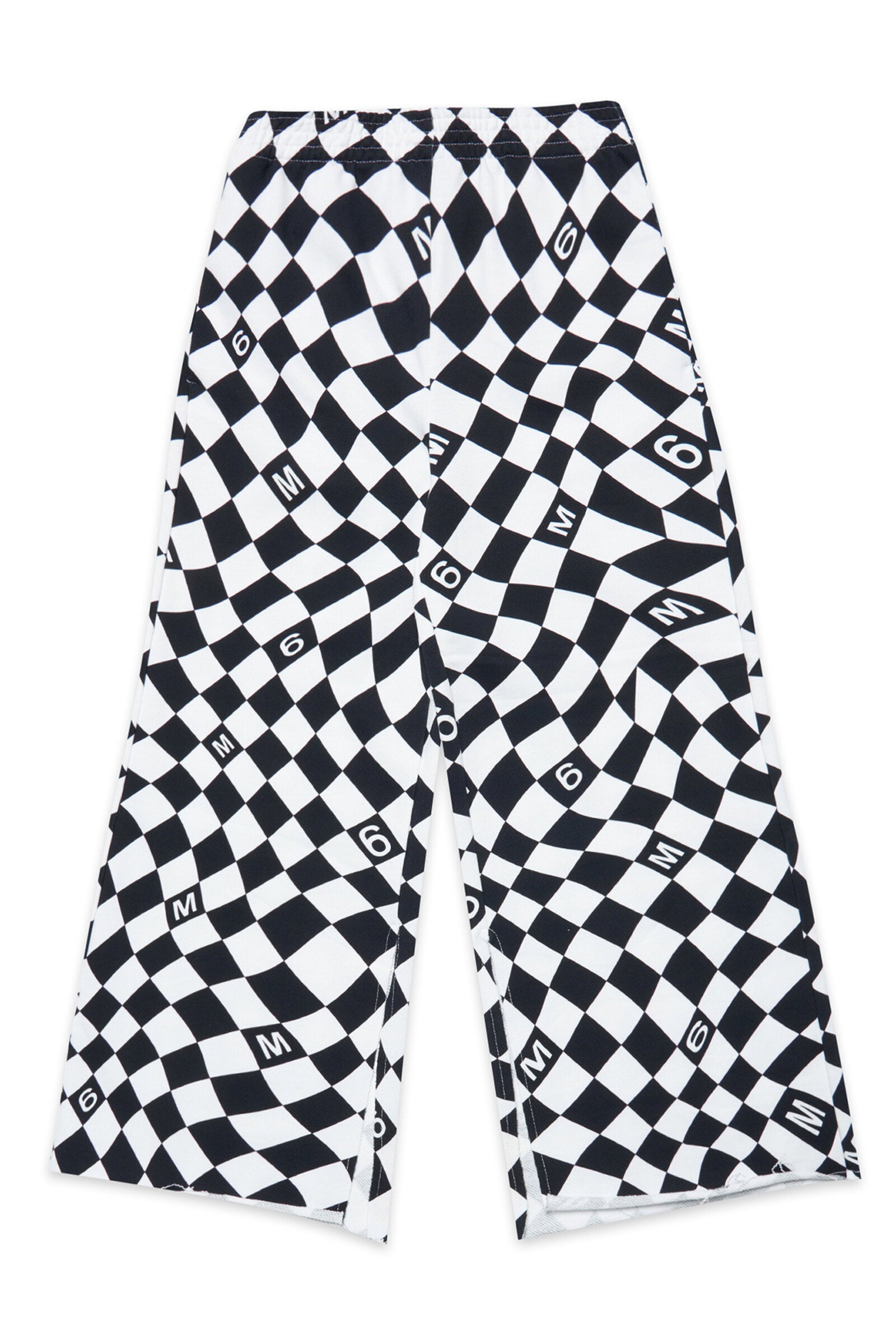 Black and white wide fleece pants with chequered pattern