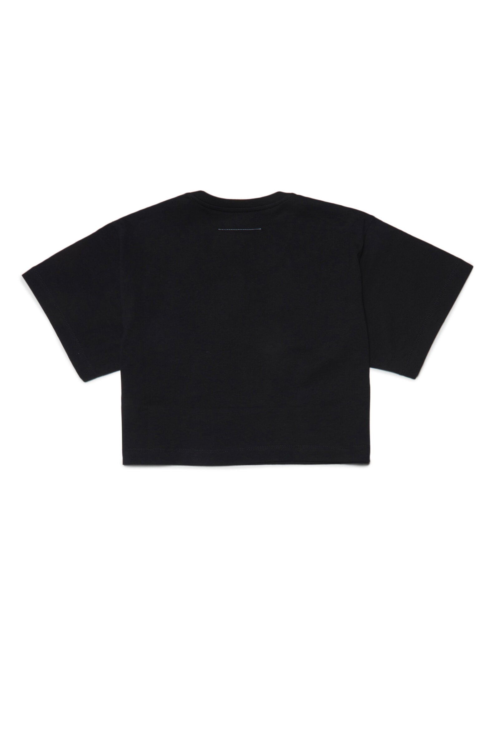 Black t-shirt in jersey with leatherette appliqué