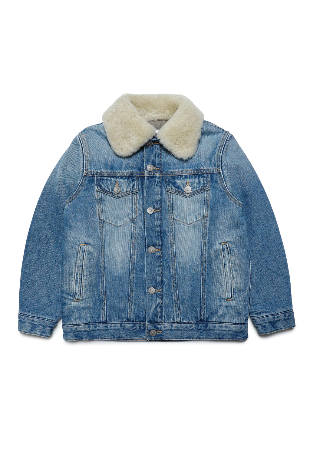 Medium blue shaded jeans jacket with shearling collar