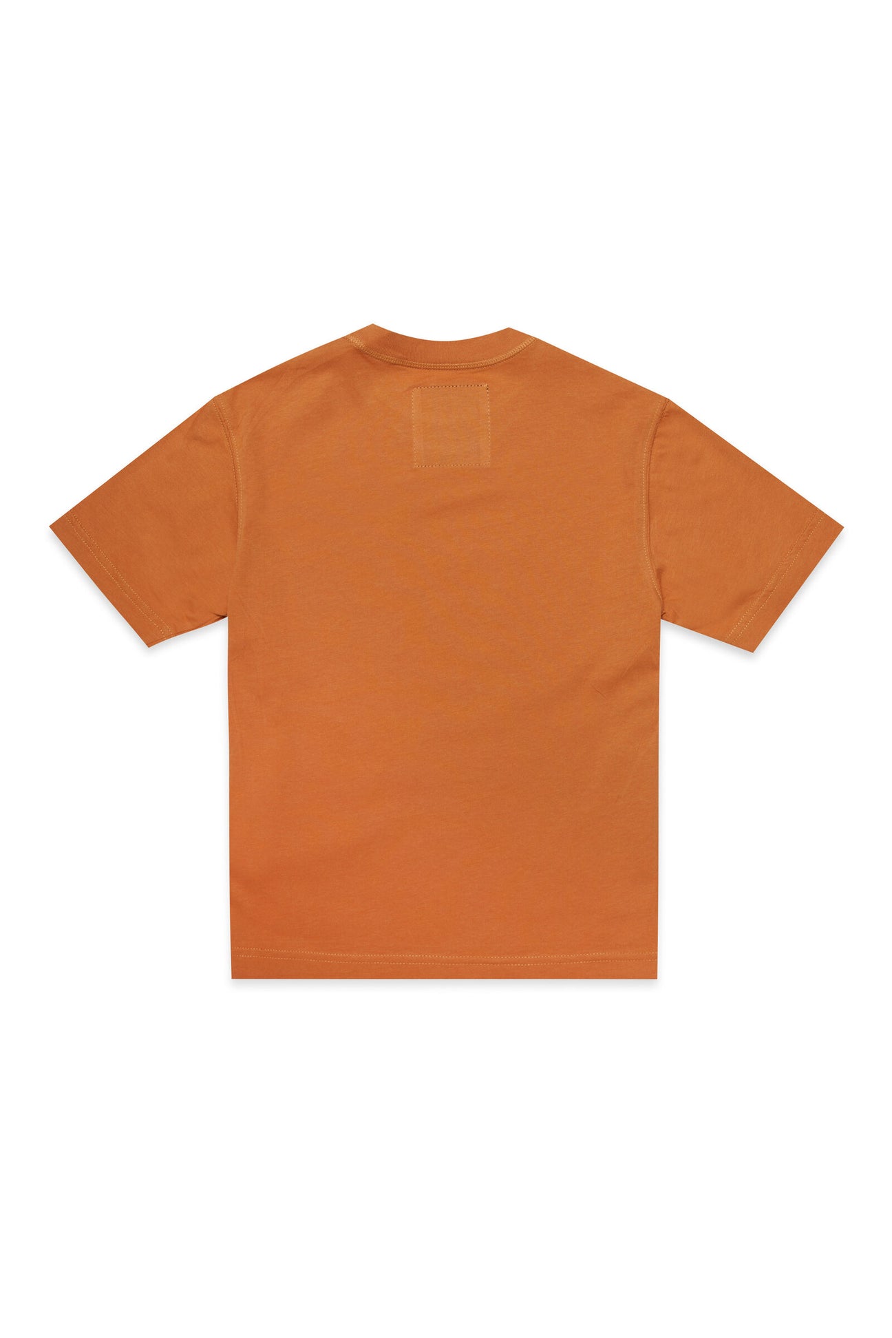 T-shirt girocollo in tessuto deadstock arancione con stampa digitale sul davanti T-shirt girocollo in tessuto deadstock arancione con stampa digitale sul davanti