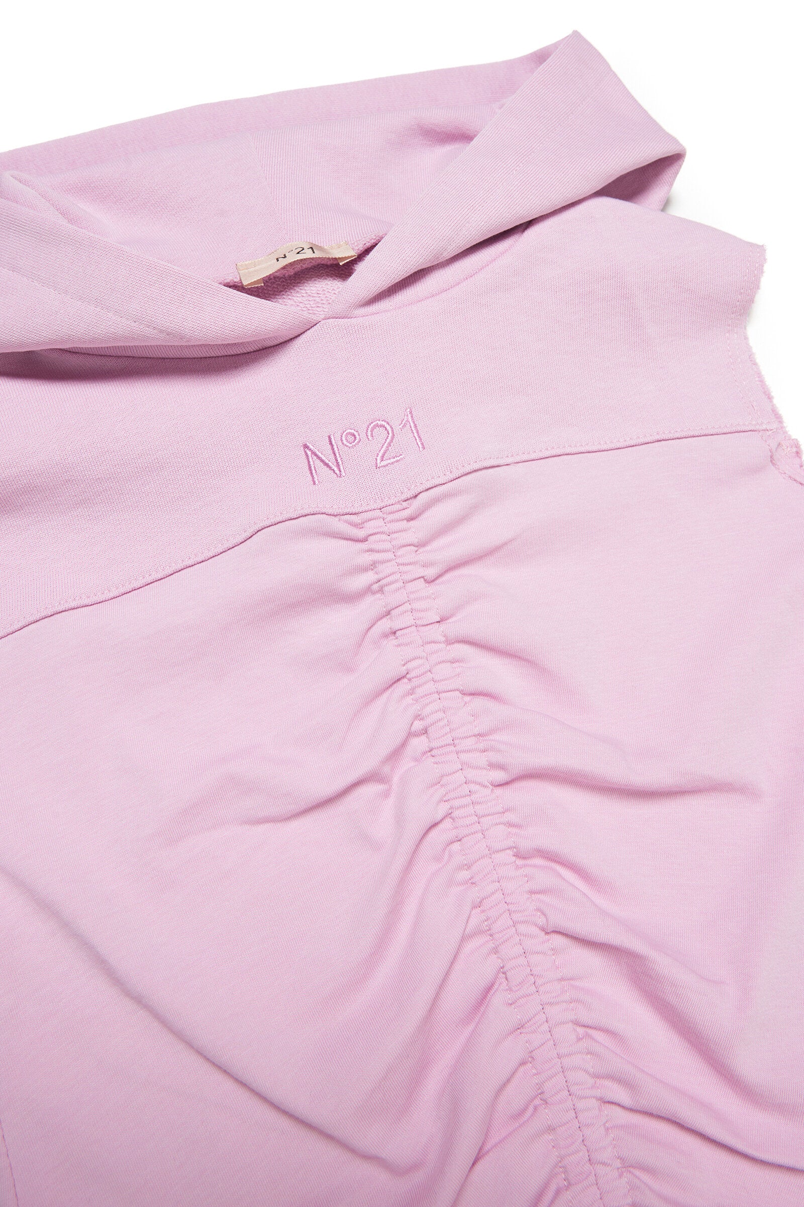Pink sleeveless jersey t-shirt with hood and seam at front