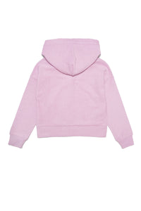 Pink cotton sweatshirt with hood, buttons and multicoloured logo