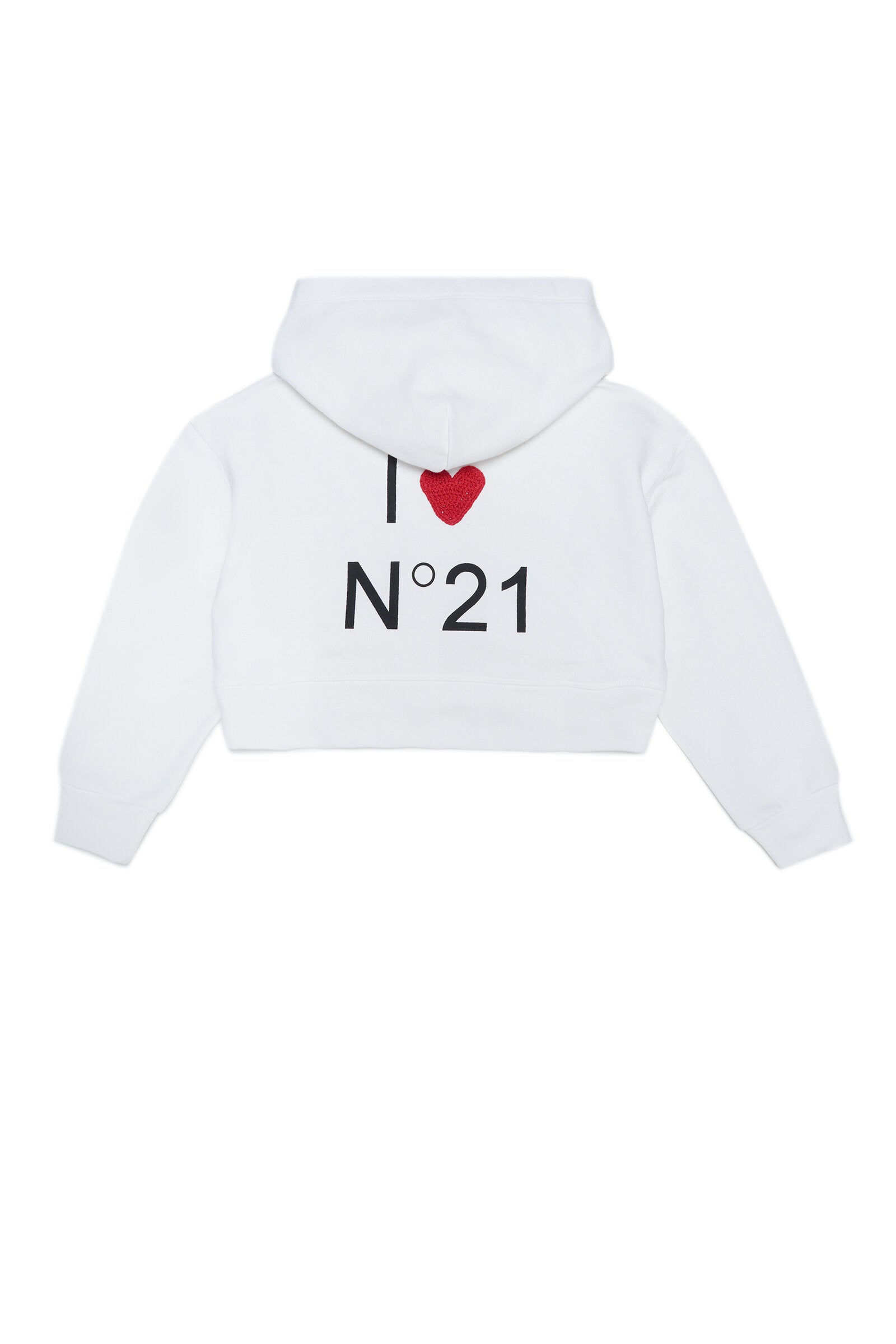 White cotton cropped sweatshirt with zip, hood and I love N°21 logo on the back