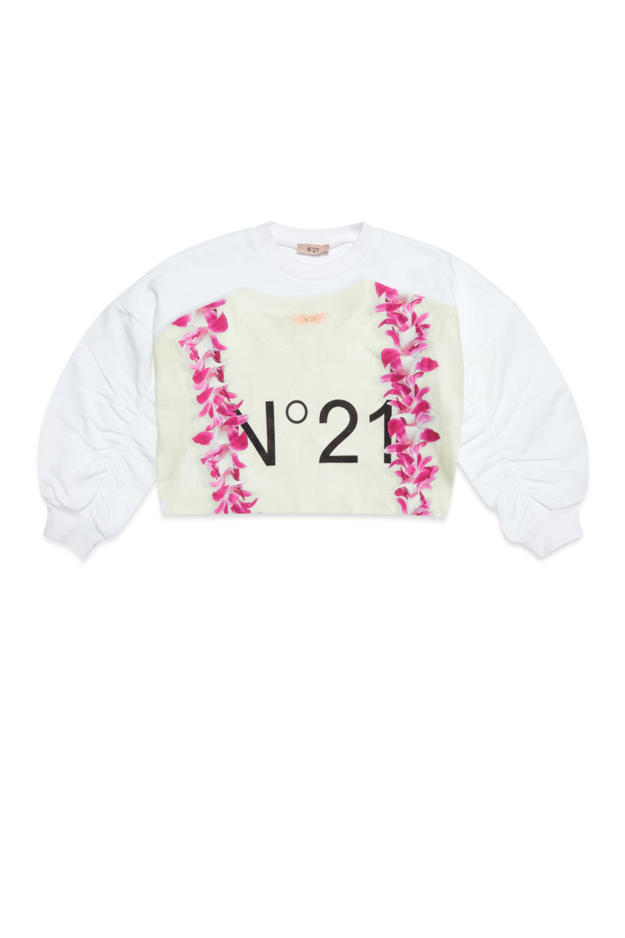 White oversized cropped cotton sweatshirt with floral print and logo