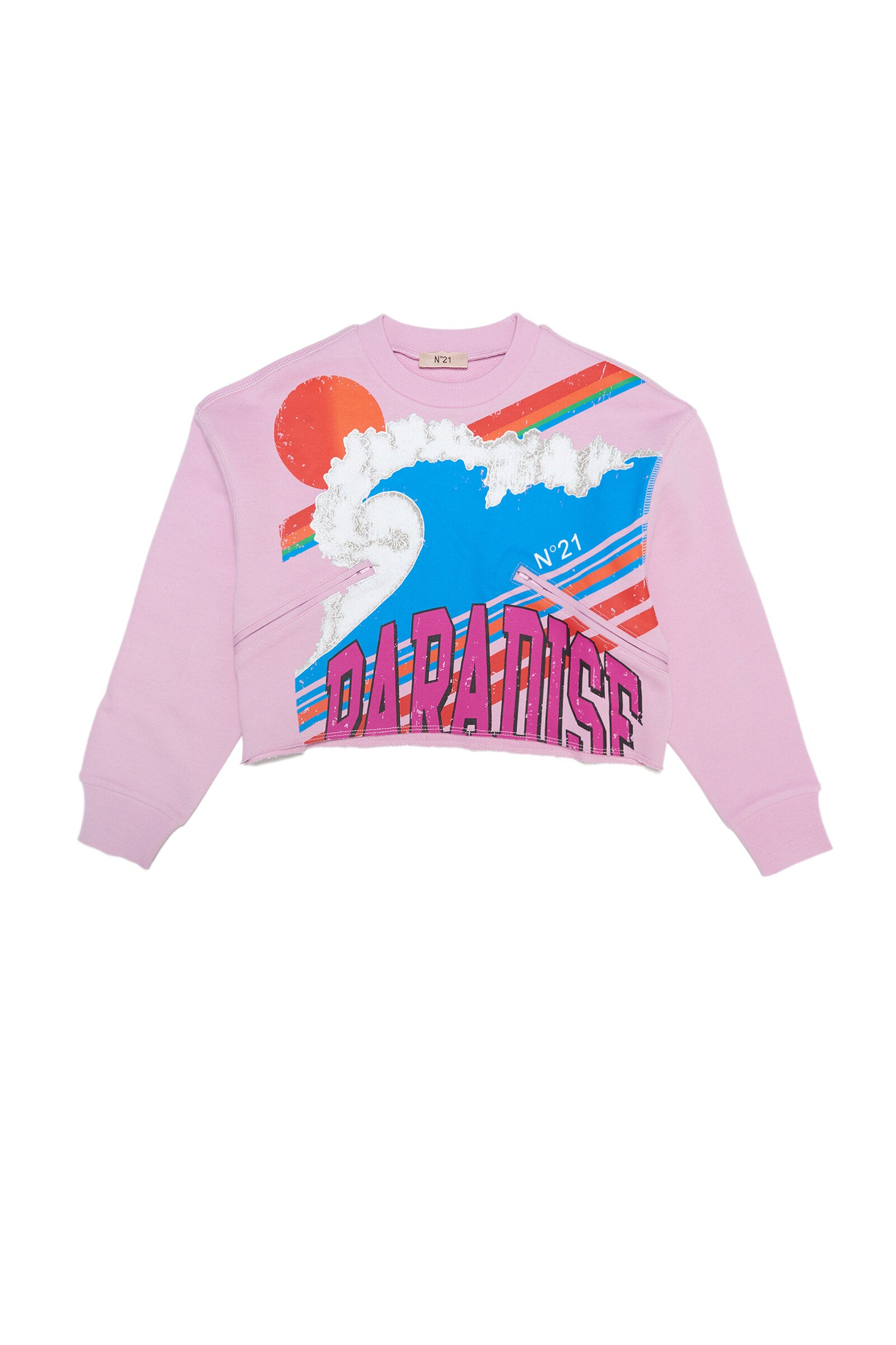 Pink cropped cotton sweatshirt with raw cut finish and Paradise print