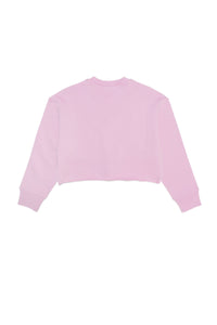 Pink cropped cotton sweatshirt with raw cut finish and Paradise print
