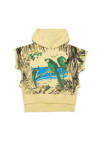 Yellow cotton hooded sweatshirt with side slits and asymmetric hem with vintage tropical print
