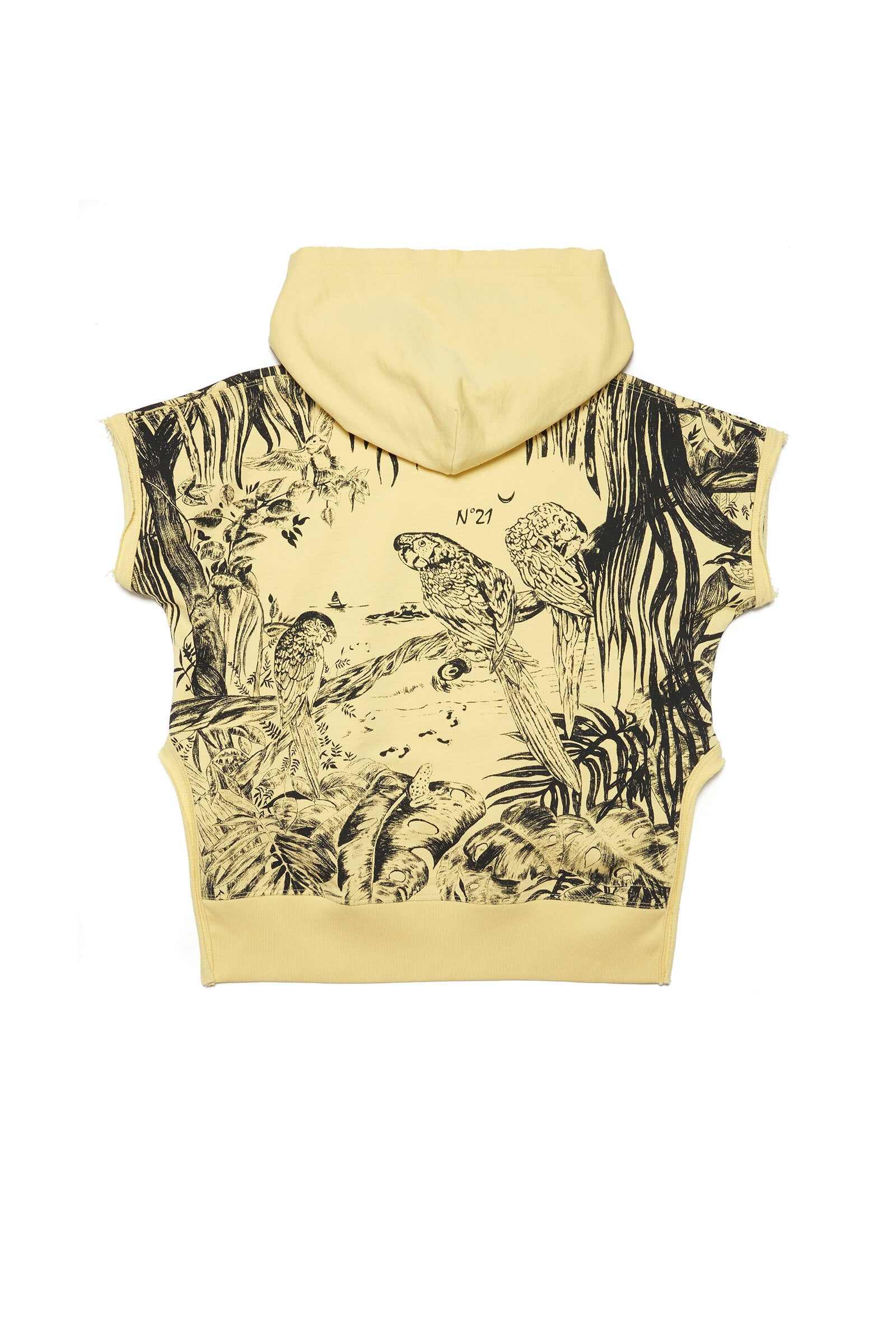 Yellow cotton hooded sweatshirt with side slits and asymmetric hem with vintage tropical print