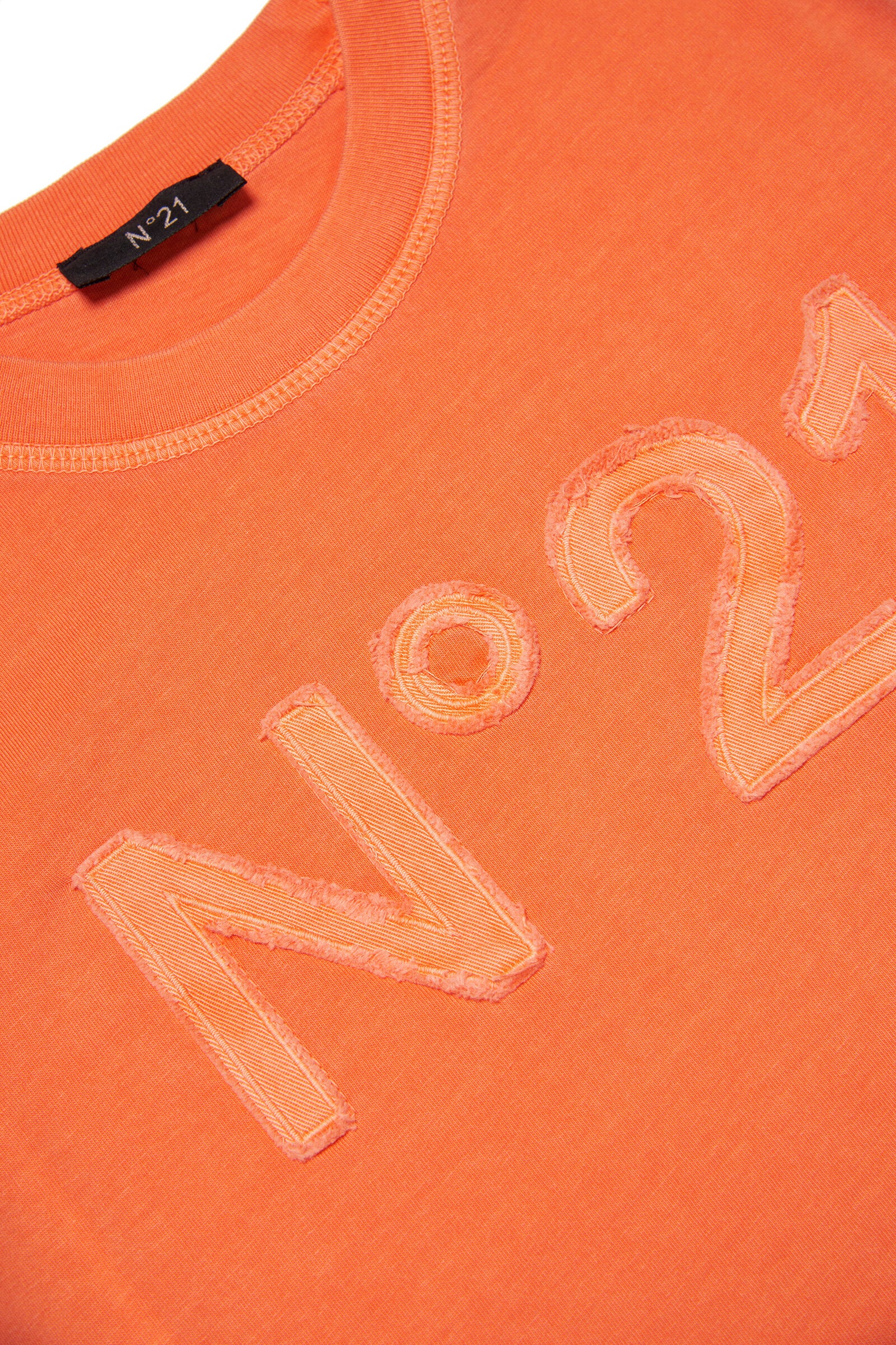 Fluo orange t-shirt in vintage-effect jersey with applied logo