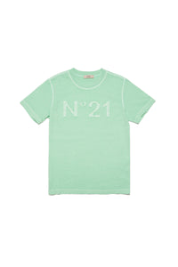 Mint green t-shirt in vintage-effect jersey with applied logo