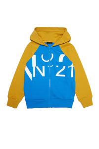 Light blue cotton hooded sweatshirt with zip and sectioned logo
