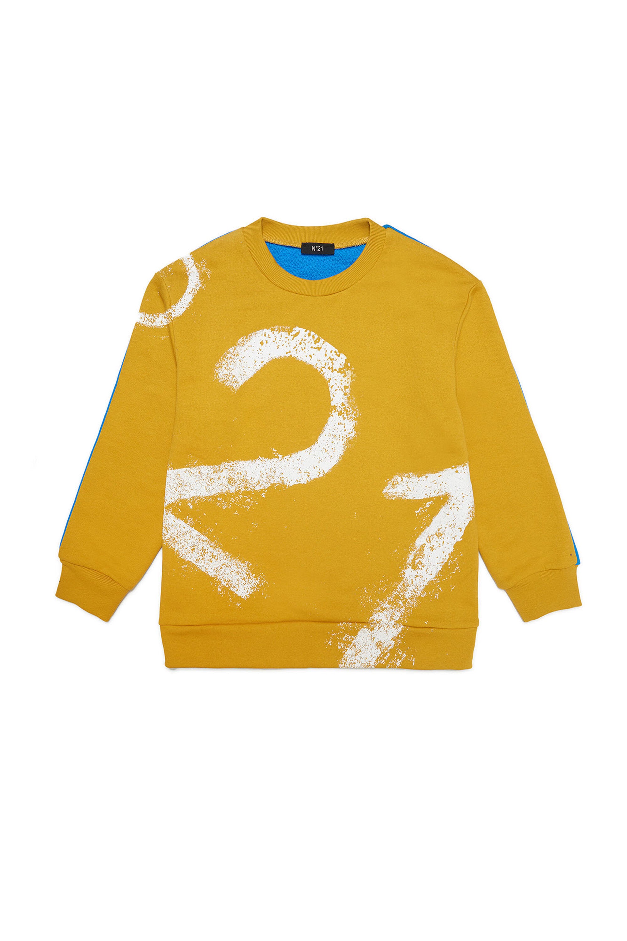 Yellow and light blue crew-neck sweatshirt with vintage effect logo