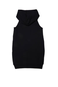 Black sleeveless fleece dress with hood and logo