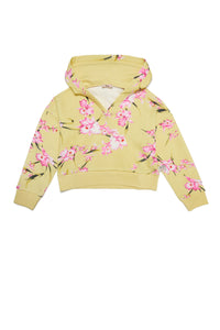 Yellow cotton hooded V-neck sweatshirt with floral print