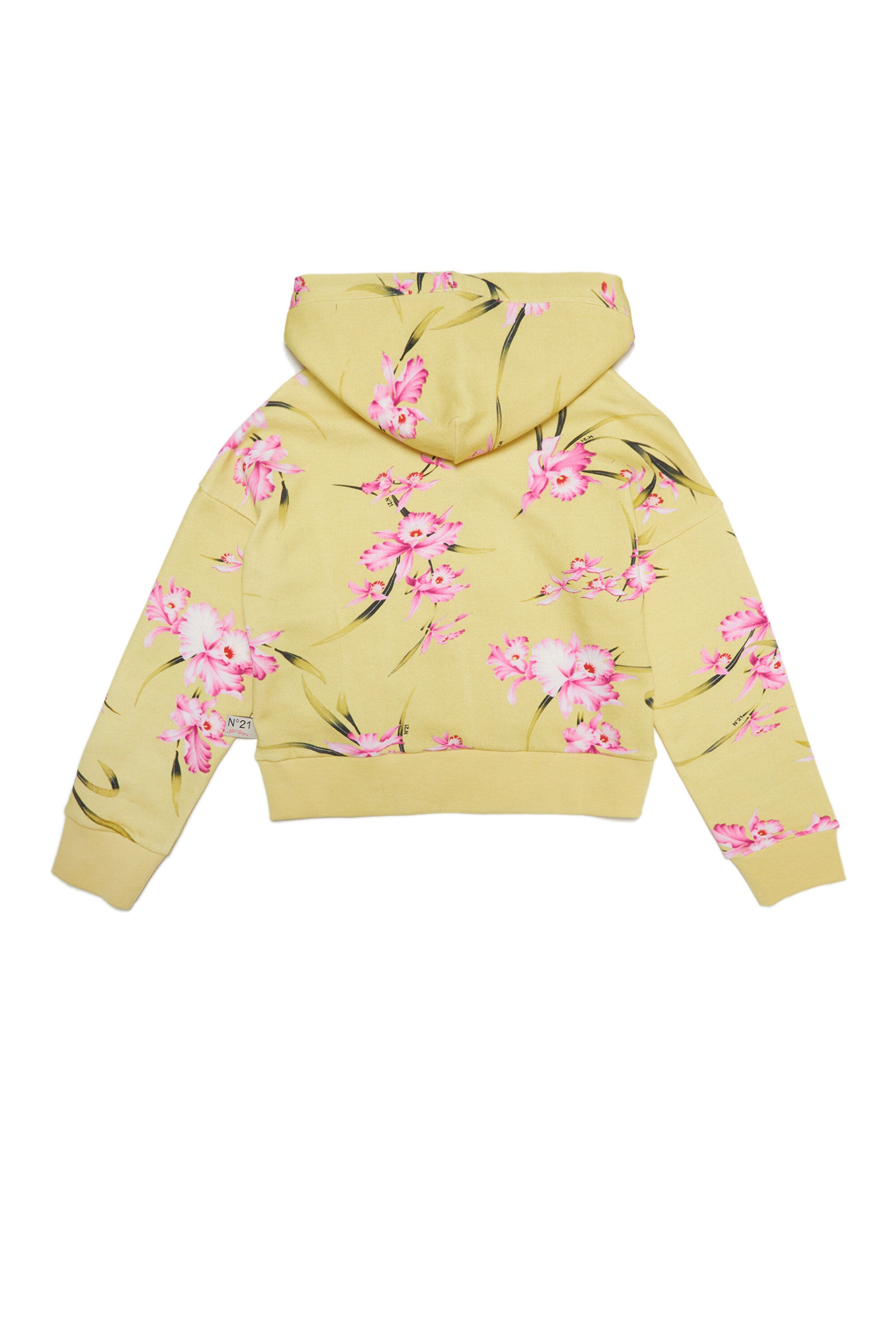 Yellow cotton hooded V-neck sweatshirt with floral print