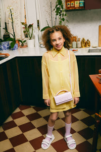 Yellow jersey and tulle shirt dress with college logo