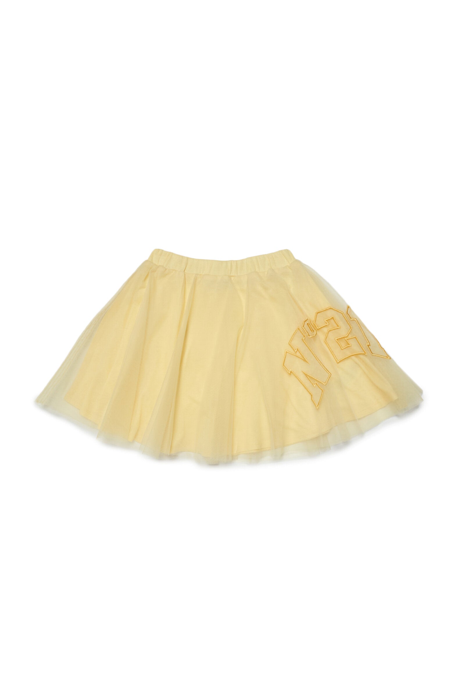 N°21 yellow flared jersey and tulle skirt with college style logo