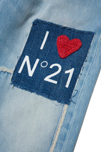 Light blue jeans paper bag with patches and I love N°21 logo