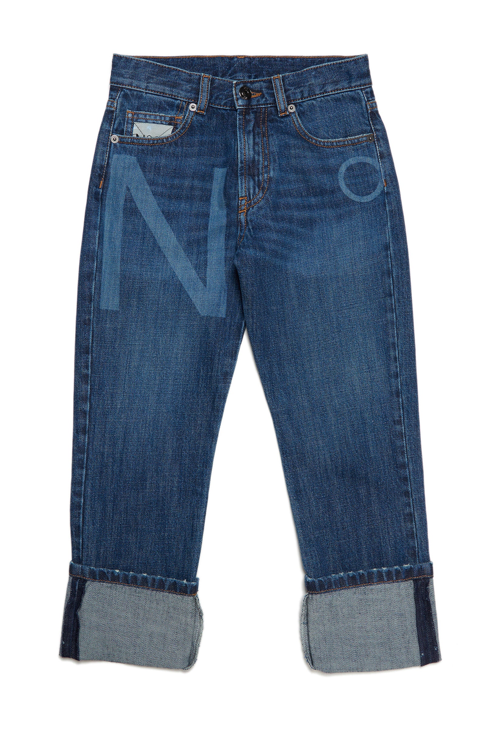 Dark blue five-pocket jeans with logo and roll-up bottom
