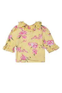 Yellow half-sleeved shirt in crêpe with floral print