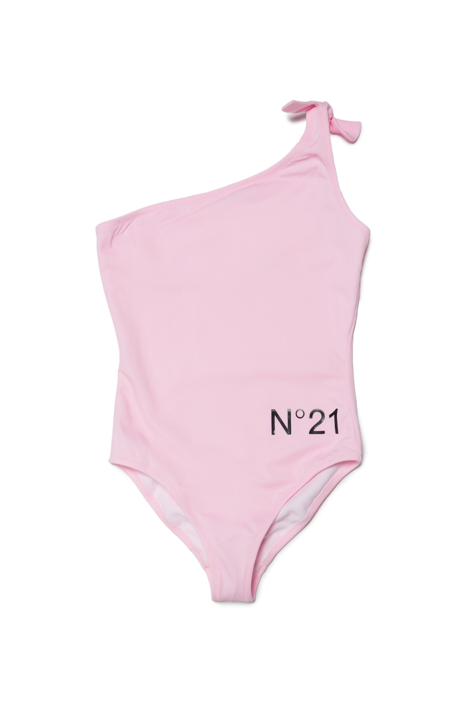 One-shoulder one-piece pink swimming costume in lycra with logo