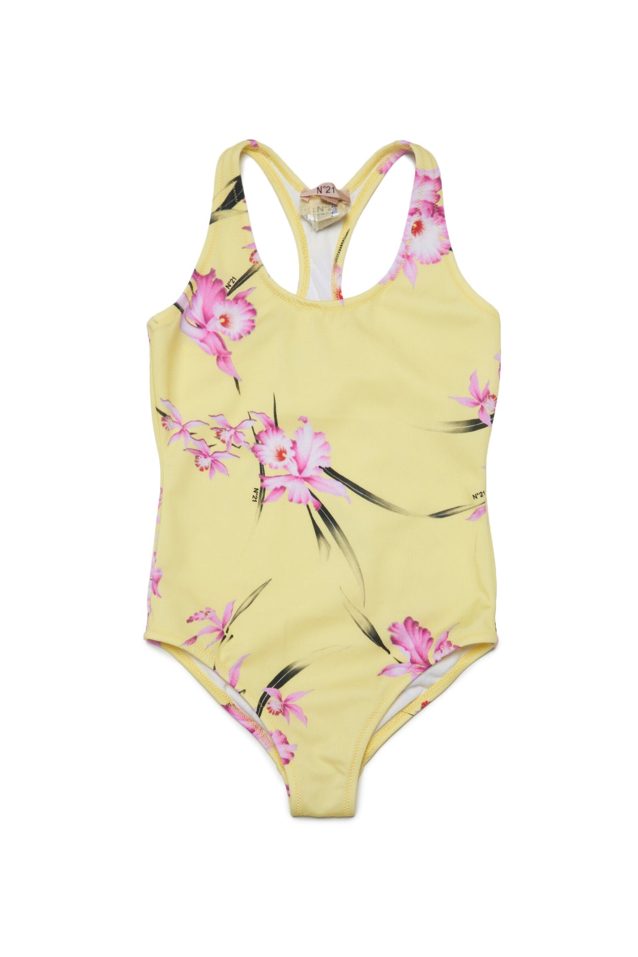 Yellow lycra one-piece swimming costume with floral print 