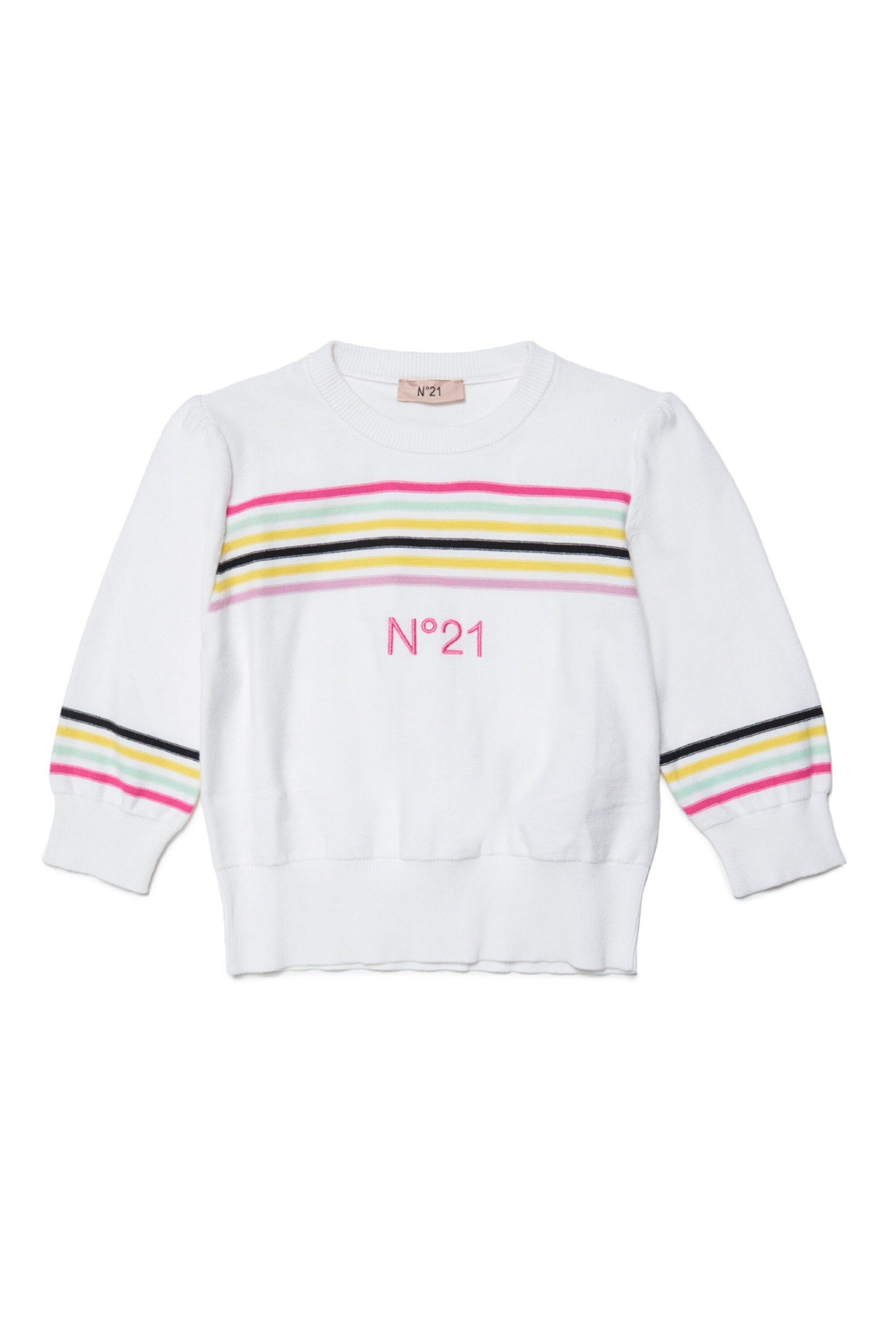 White half-sleeved t-shirt with multicoloured stripes and embroidered logo