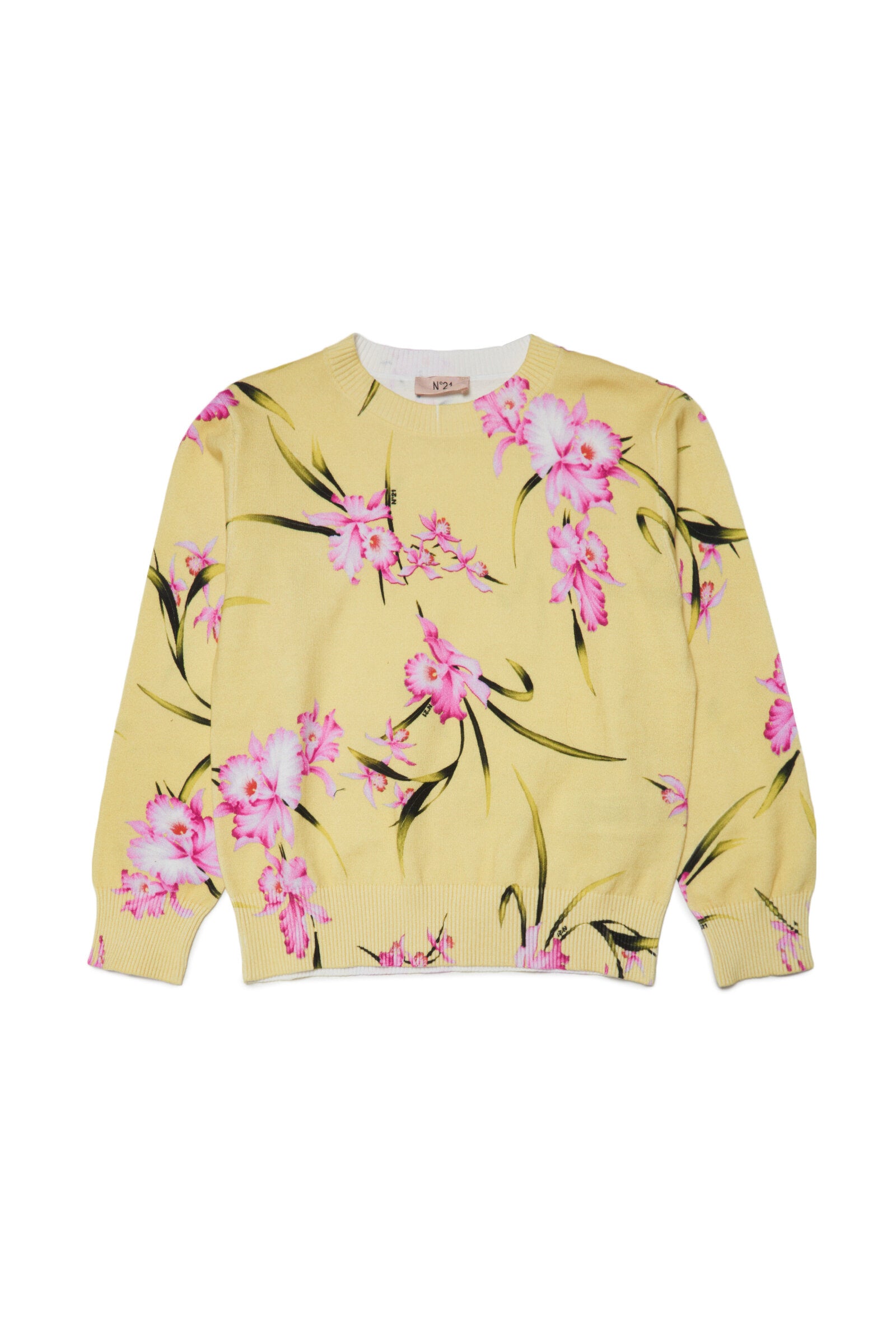 Yellow long-sleeved cotton sweater with floral print