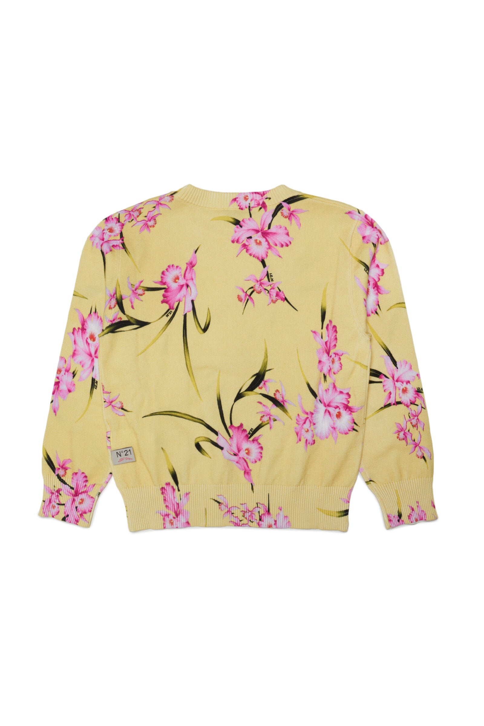 Yellow long-sleeved cotton sweater with floral print