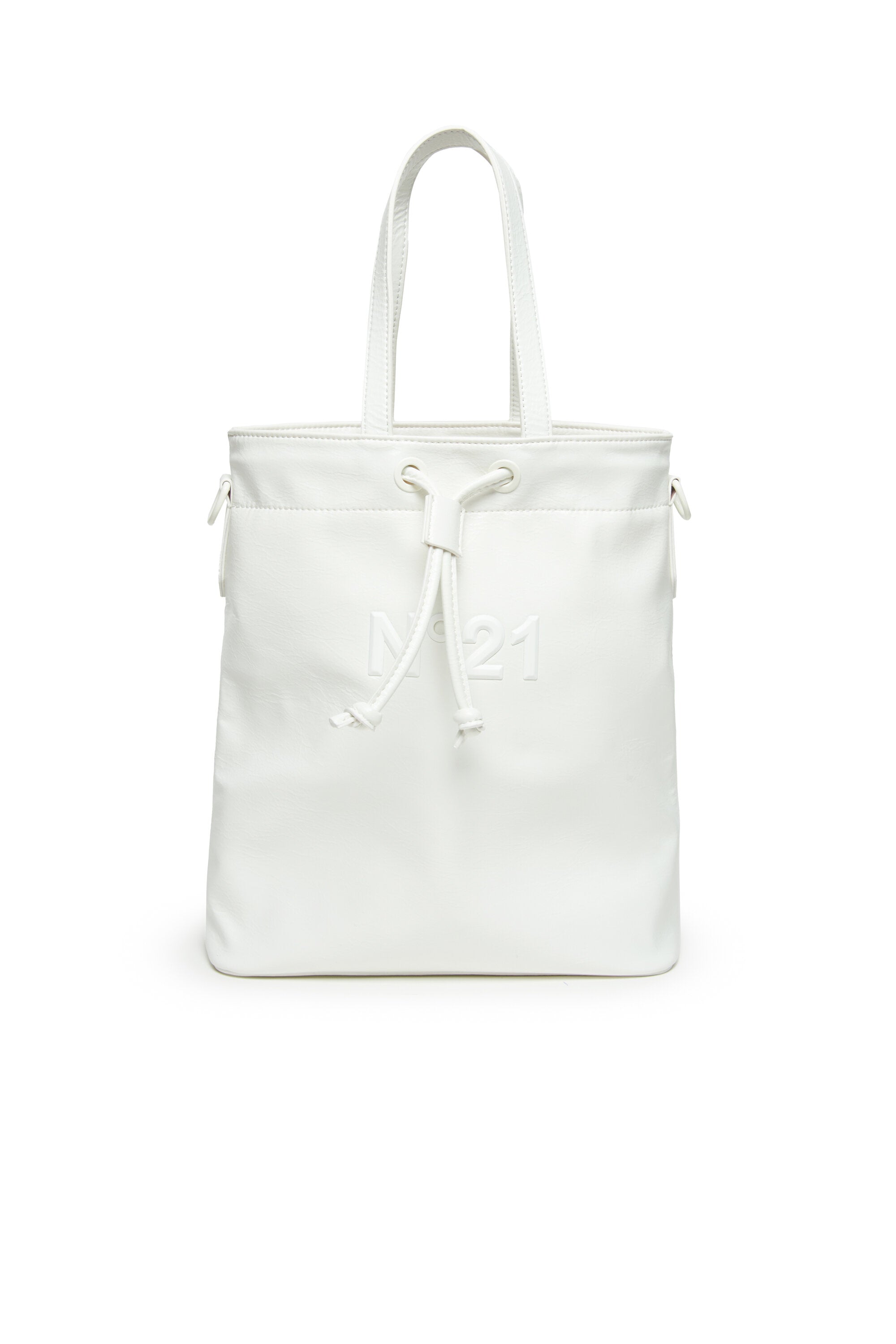 White bucket bag in leatherette with handles and shoulder strap