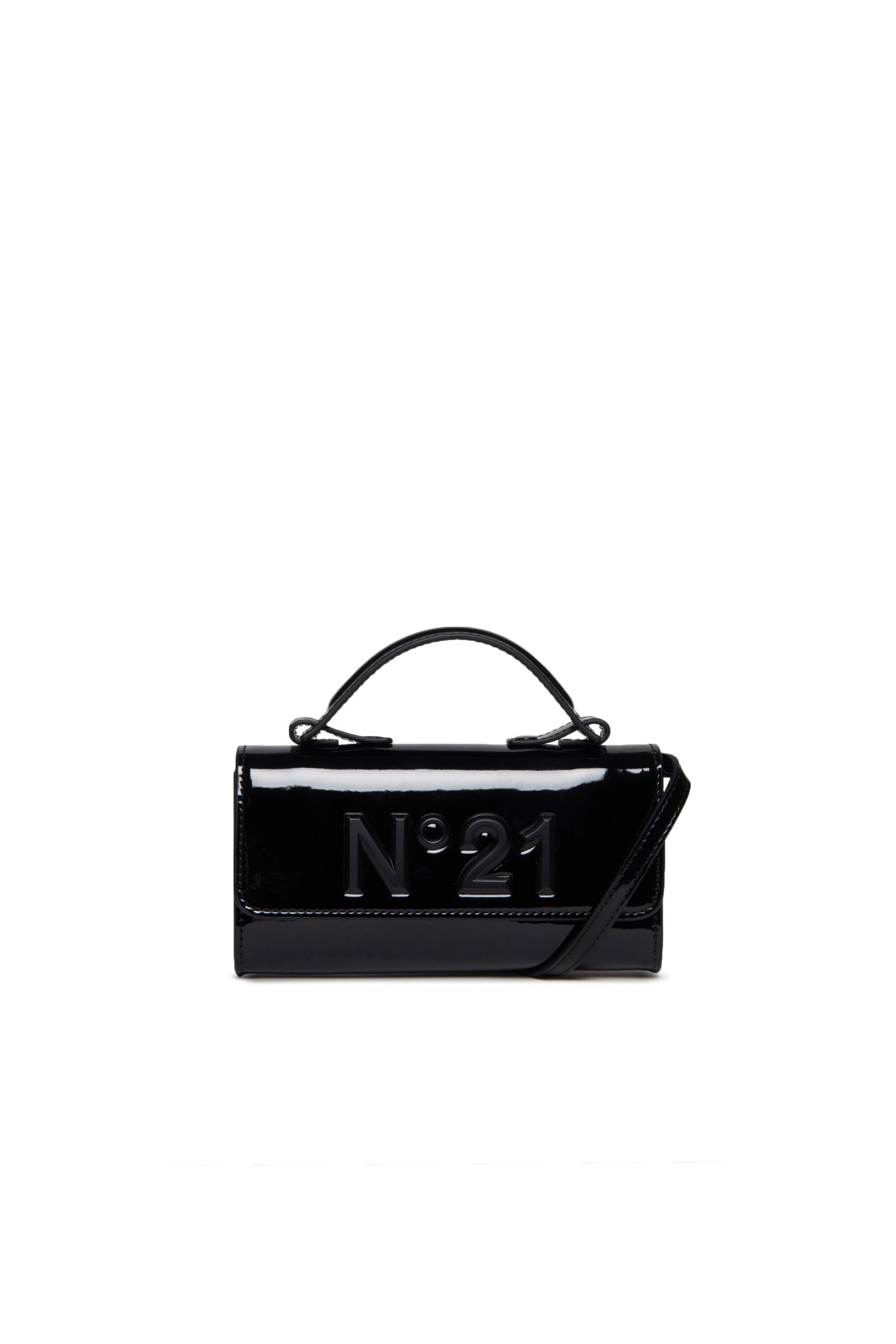 Black mini bag in leatherette with varnished effect and handle