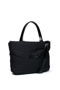 Quilted shoulder bag with rubberized logo