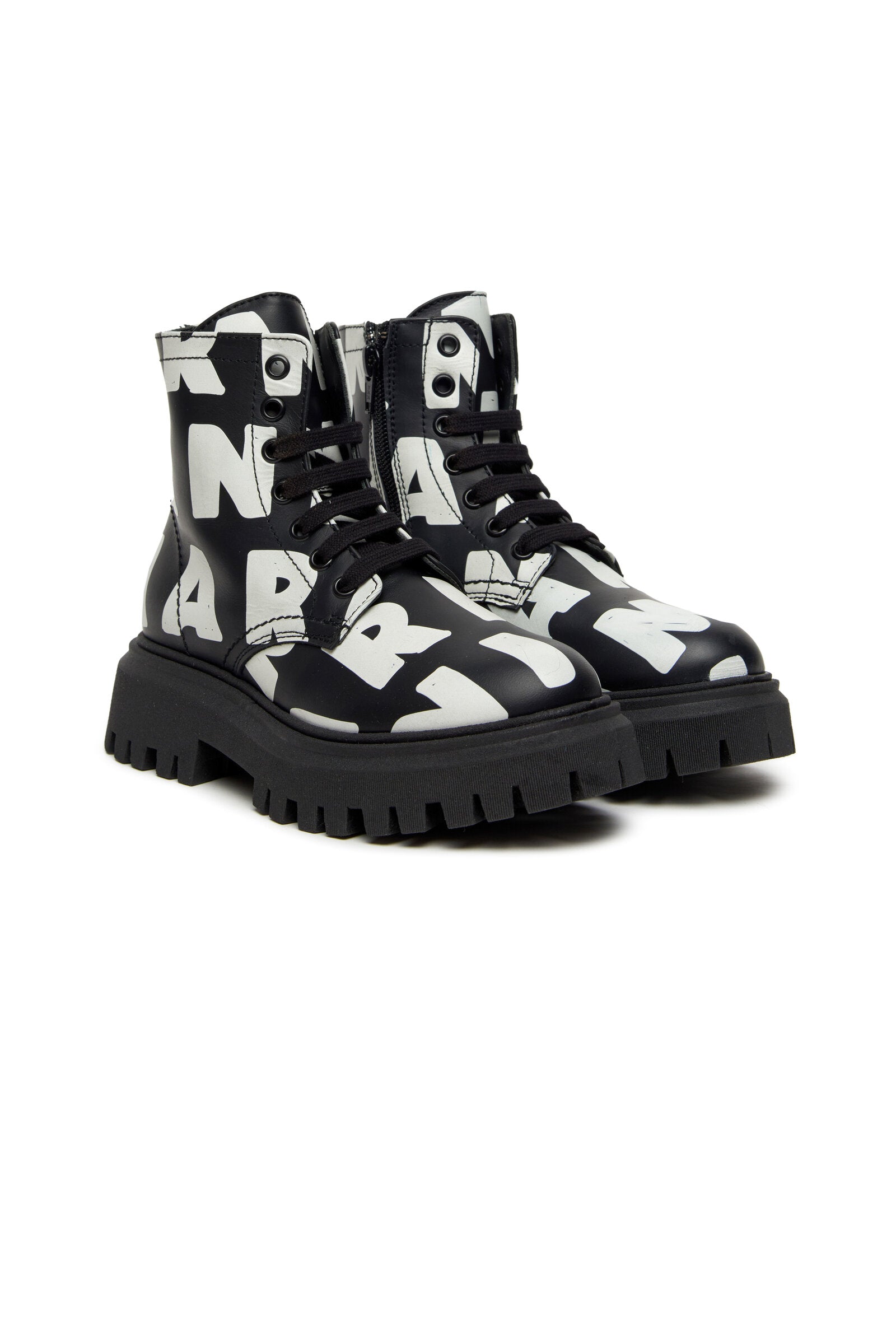 Leather combat boots with all-over Marni logo