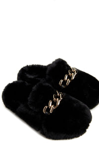 Faux long hair mules with chain