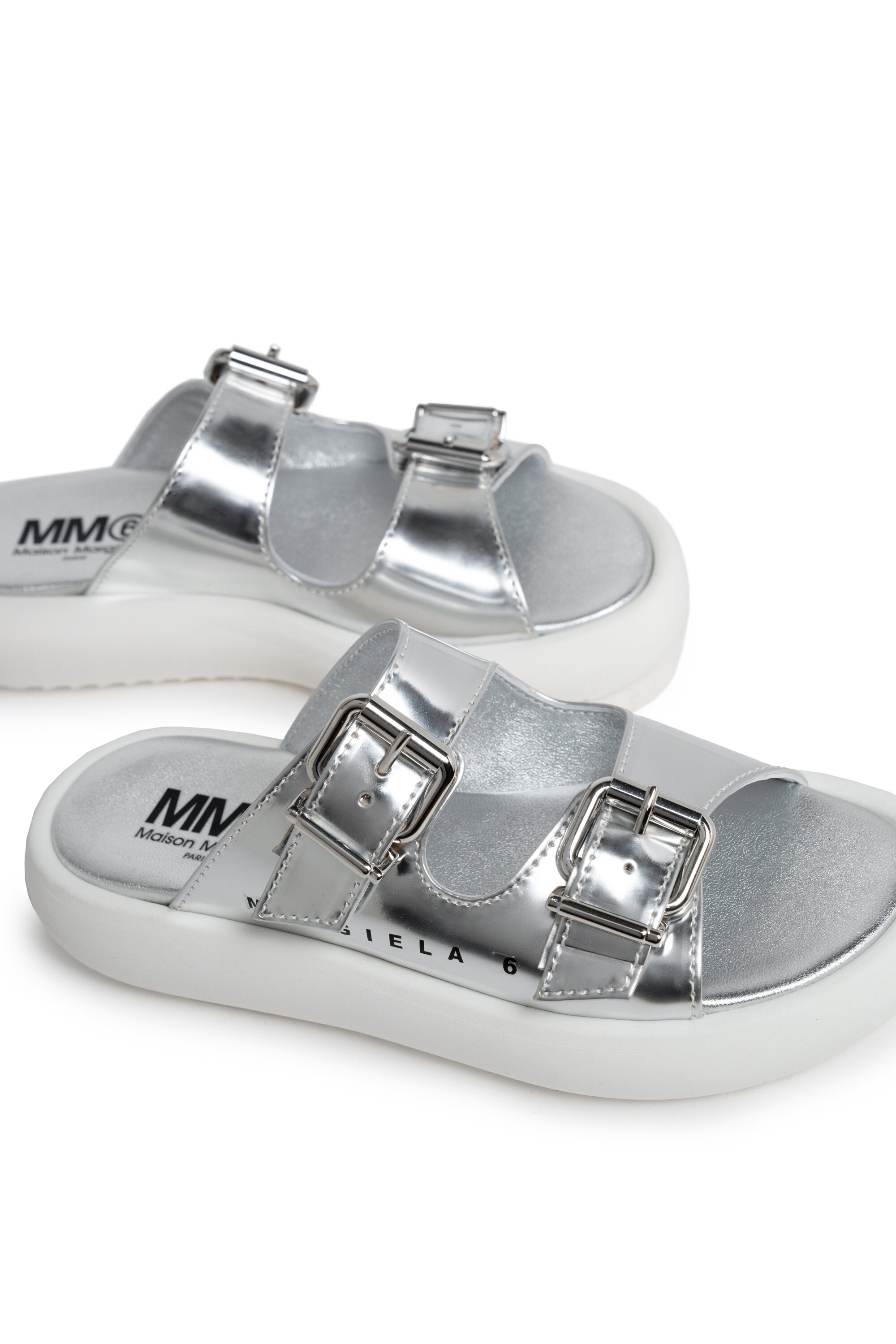 Silver mules slippers in leather with mirror effect